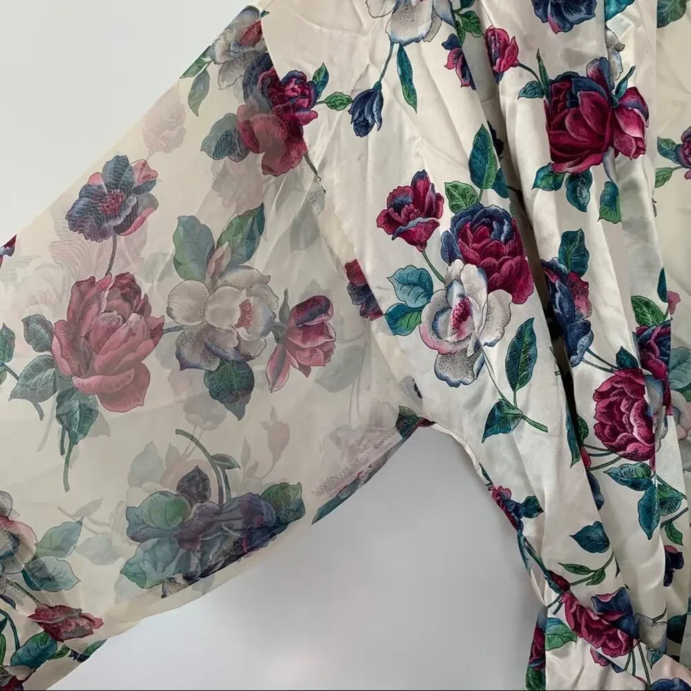 Vintage Satin Floral Robe Silky Size Large with Sheer Sleeves